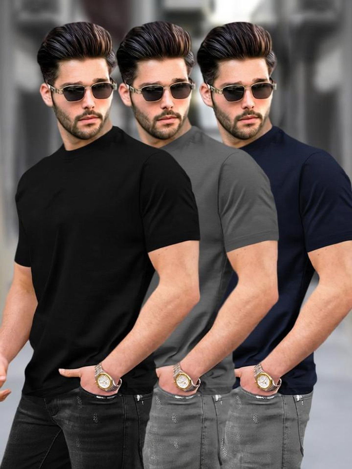 Image of TRIPR Men Solid Mandarin Collar Cotton Blend Pink, Black T-Shirt