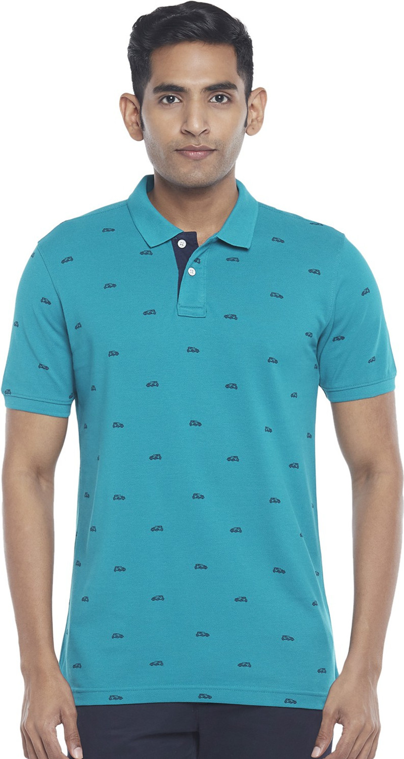 Image of Byford by Pantaloons Printed Men Polo Neck Blue T-Shirt