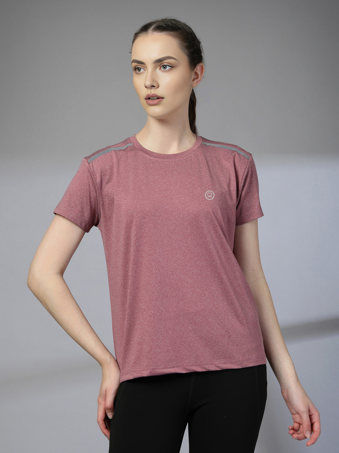 Image of CHKOKKO Women Solid Round Neck Polyester Grey T-Shirt