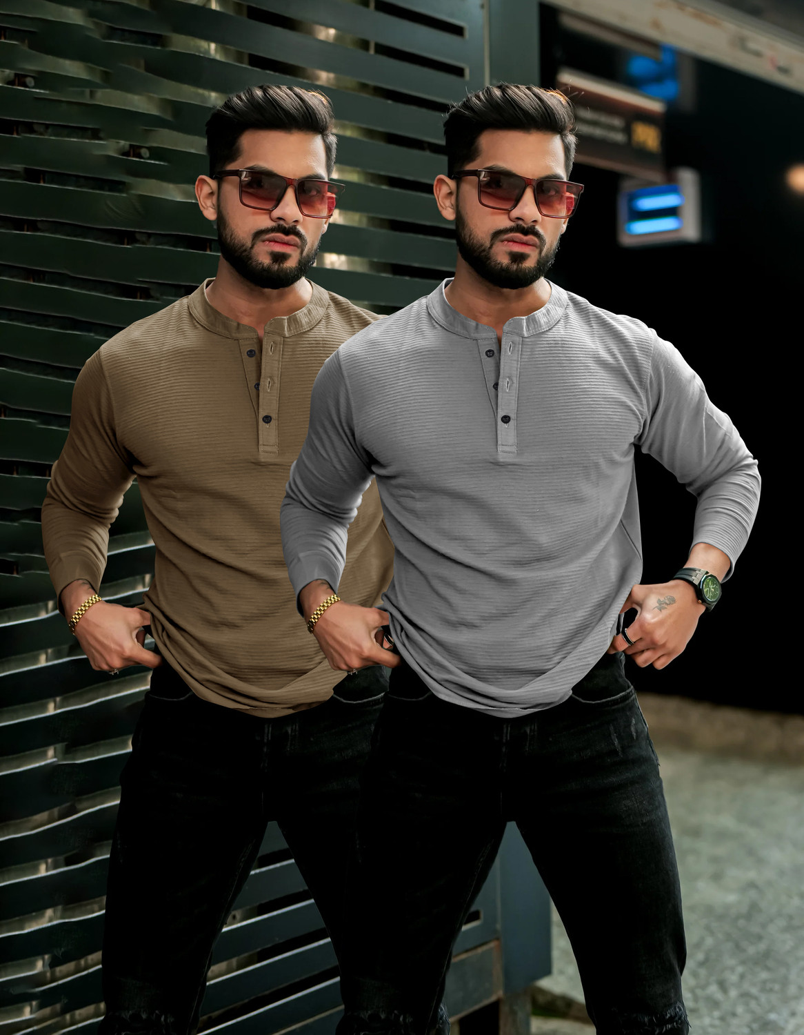 Image of Rufica Pack of 2 Men Self Design Mandarin Collar Cotton Blend Multicolor T-Shirt