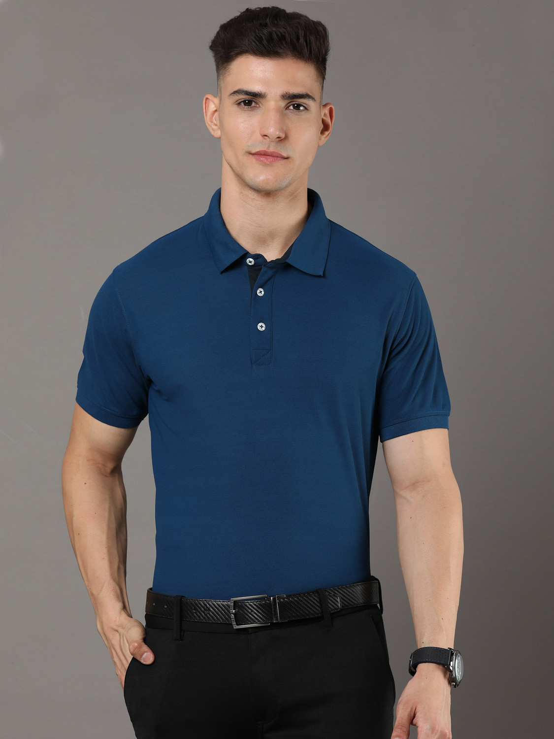 Image of Alkaline Men Solid Polo Neck Polyester Blue T-Shirt