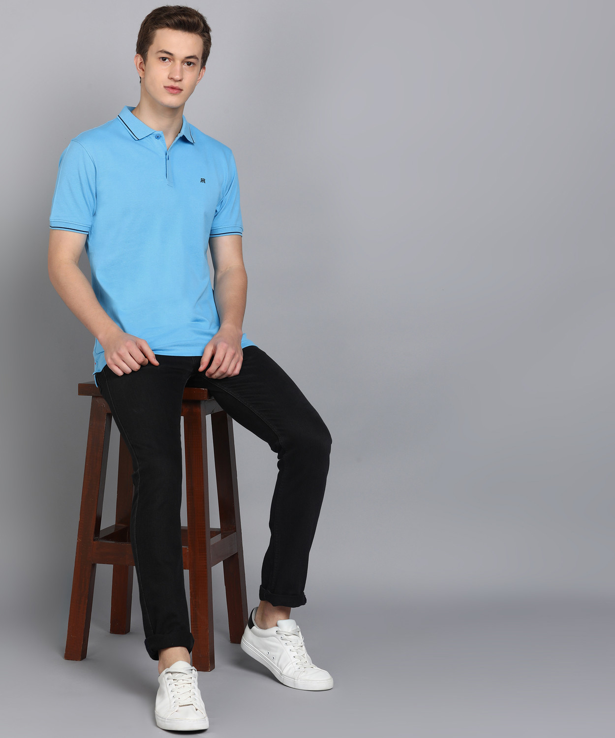 Image of Raymond Men Solid Polo Neck Polycotton Blue T-Shirt