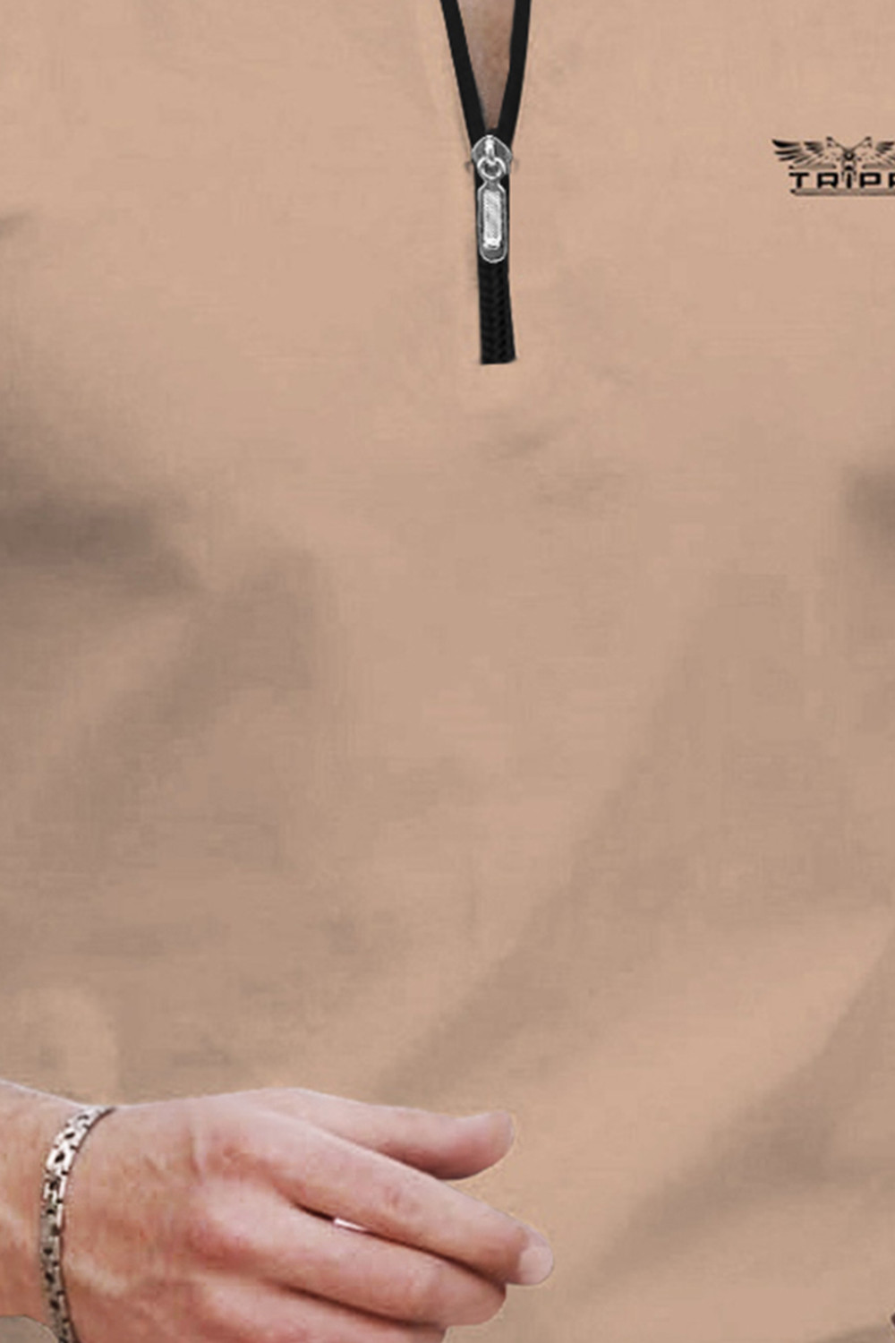 Image of TRIPR Men Solid Mandarin Collar Cotton Blend Beige T-Shirt