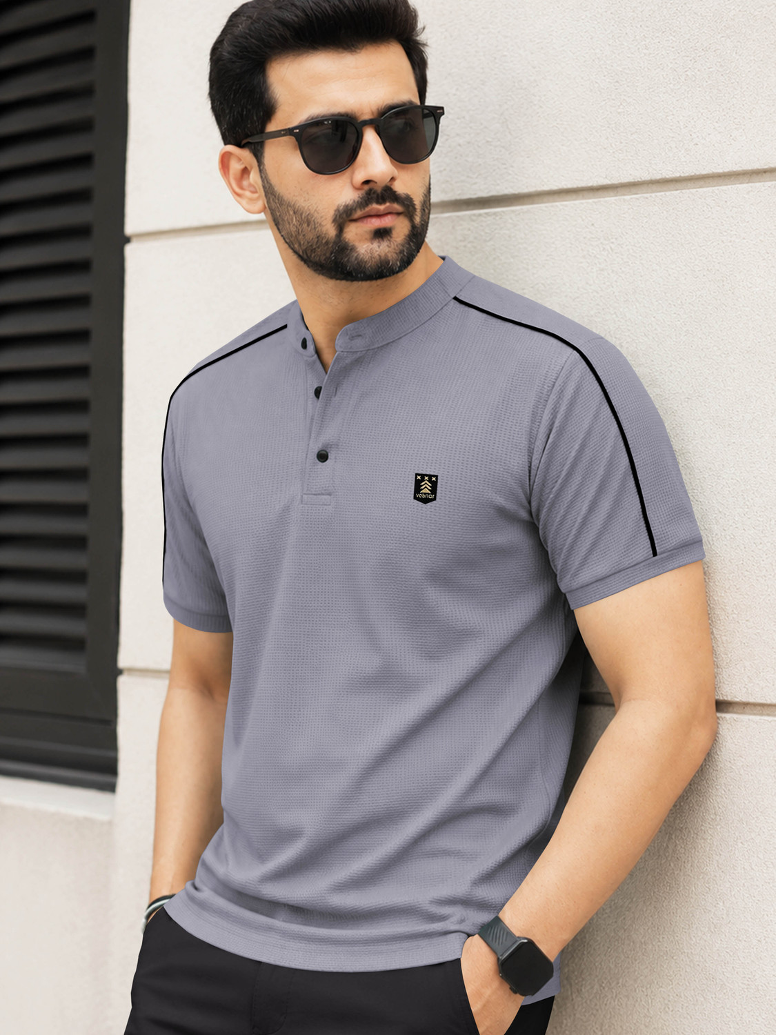 Image of TRIPR Men Solid Mandarin Collar Cotton Blend Pink, Black T-Shirt