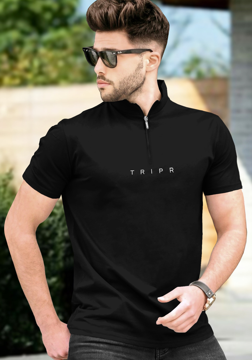 Image of TRIPR Men Solid Mandarin Collar Cotton Blend White T-Shirt