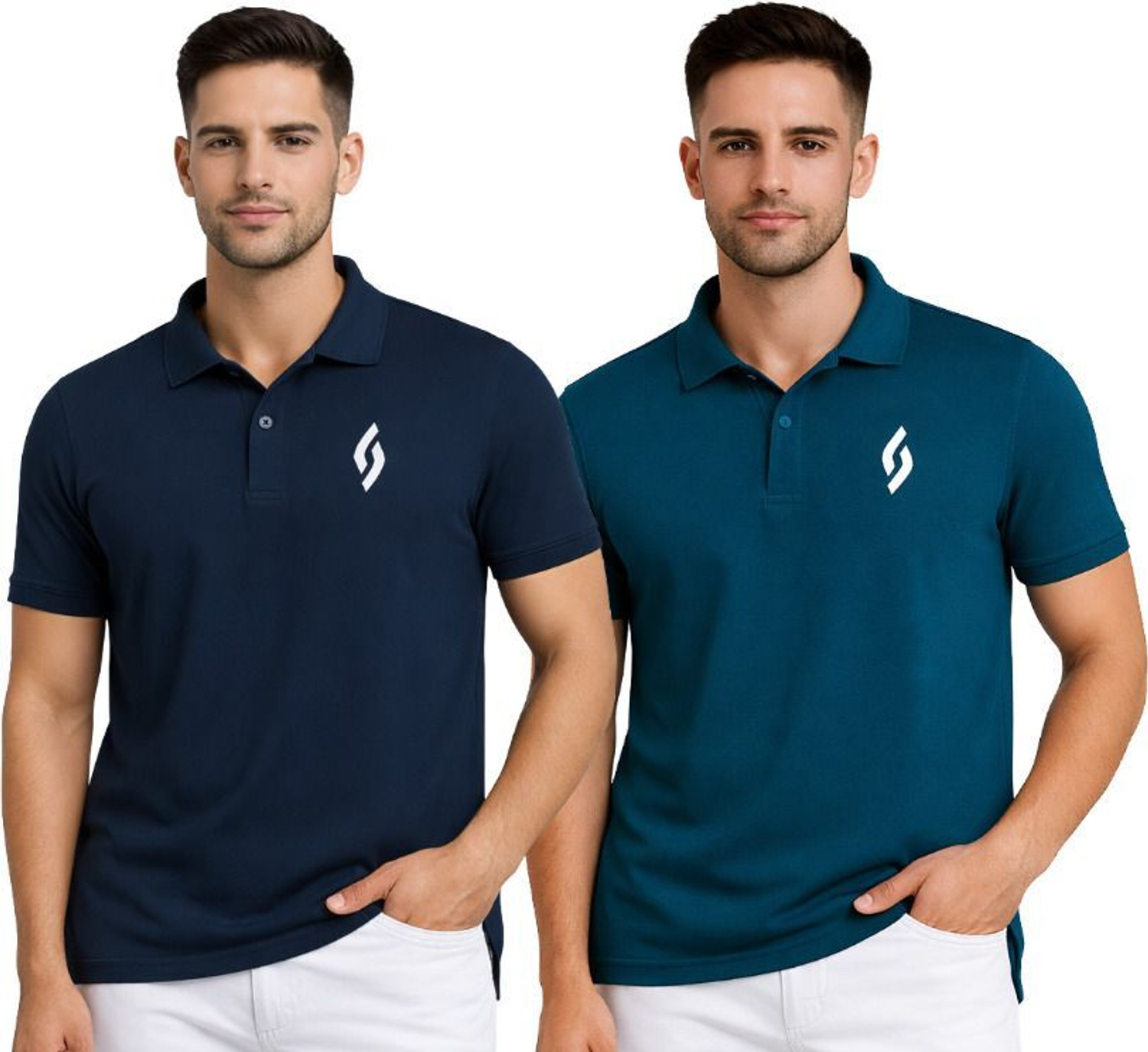 Image of balker merka Pack of 2 Men Solid Polo Neck Cotton Blend Green, Blue T-Shirt