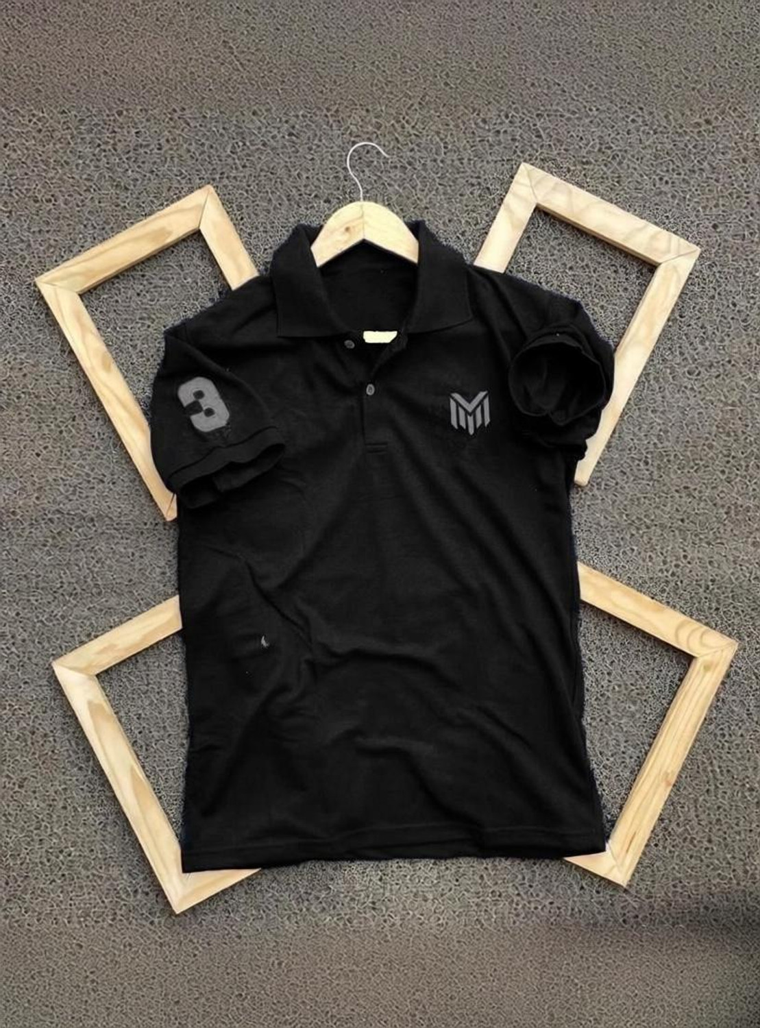 Image of Amaran Men Printed Polo Neck Pure Cotton Black T-Shirt