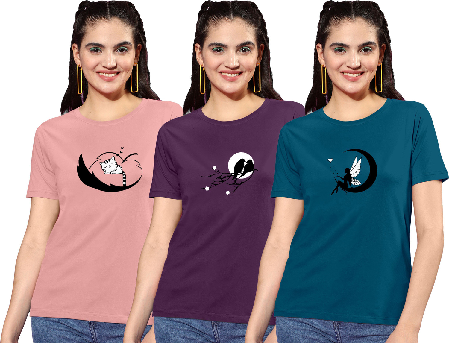 Image of ZentWorld Pack of 3 Women Printed Round Neck Cotton Blend Multicolor T-Shirt
