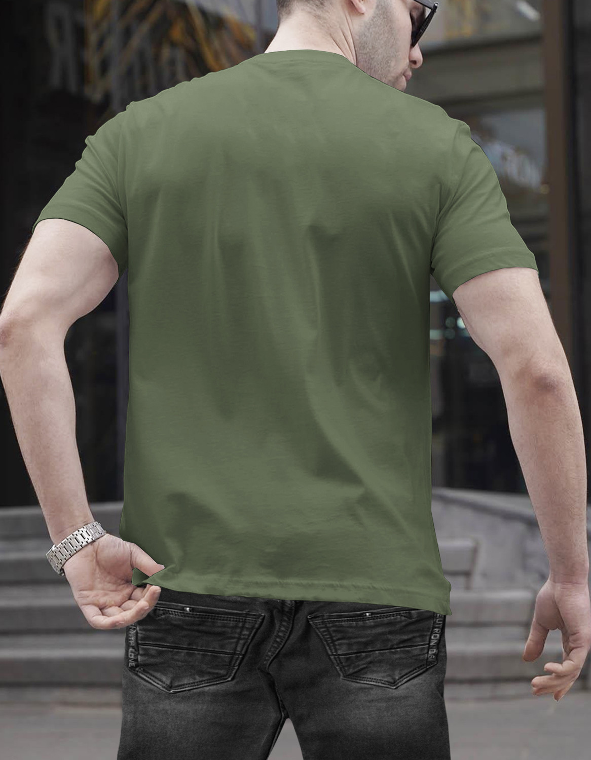 Image of TRIPR Men Solid Mandarin Collar Cotton Blend Dark Green T-Shirt