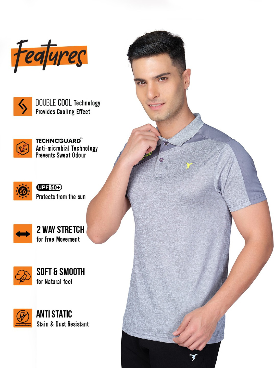 Image of TECHNOSPORT Solid Men Polo Neck Grey T-Shirt