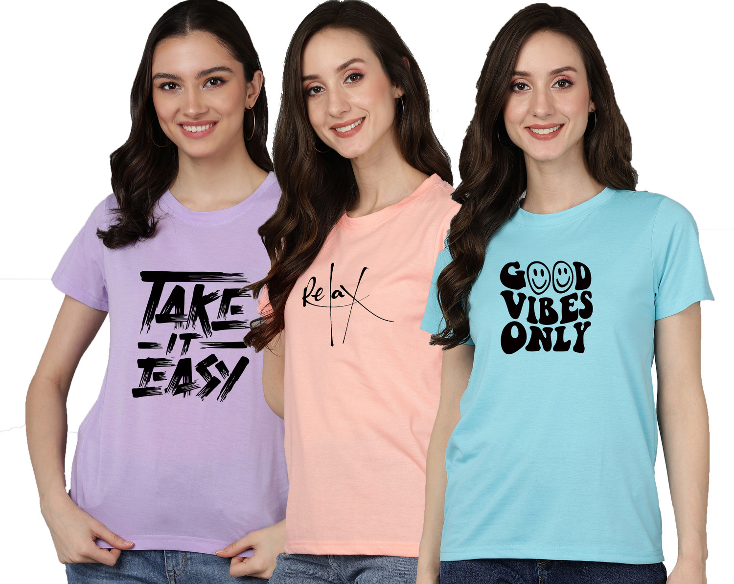 Image of ZentWorld Pack of 3 Women Printed Round Neck Cotton Blend Multicolor T-Shirt