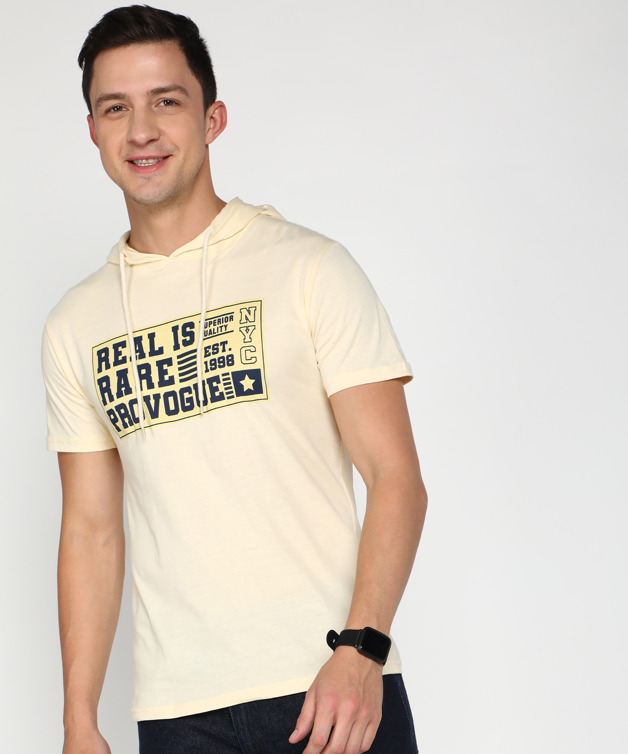 Image of PROVOGUE Printed Men Hooded Neck Beige T-Shirt