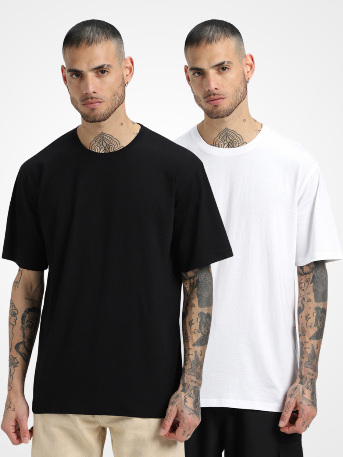 Image of Veirdo Pack of 3 Oversized Men Solid Round Neck Pure Cotton Multicolor T-Shirt