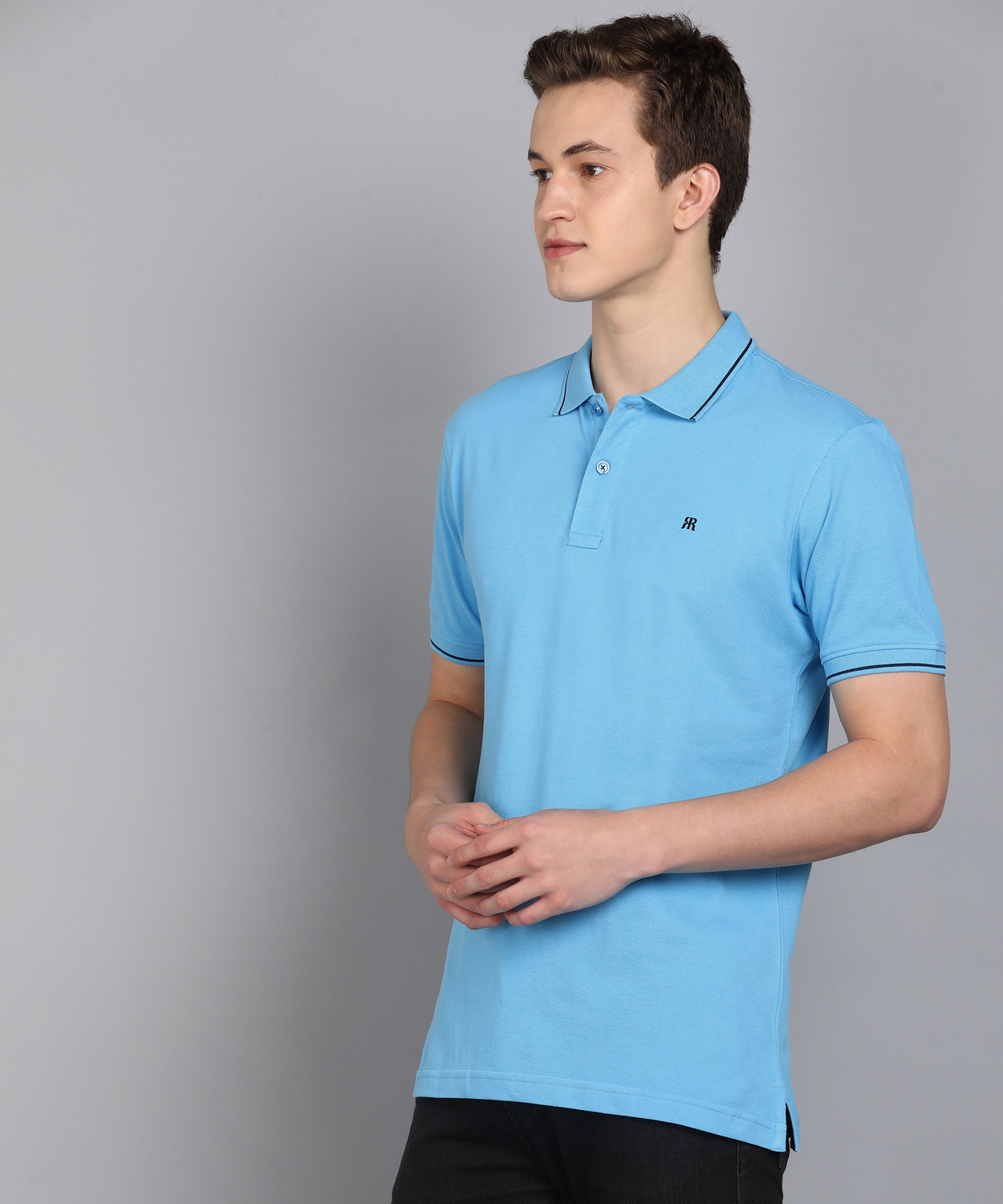 Image of Raymond Men Solid Polo Neck Polycotton Blue T-Shirt