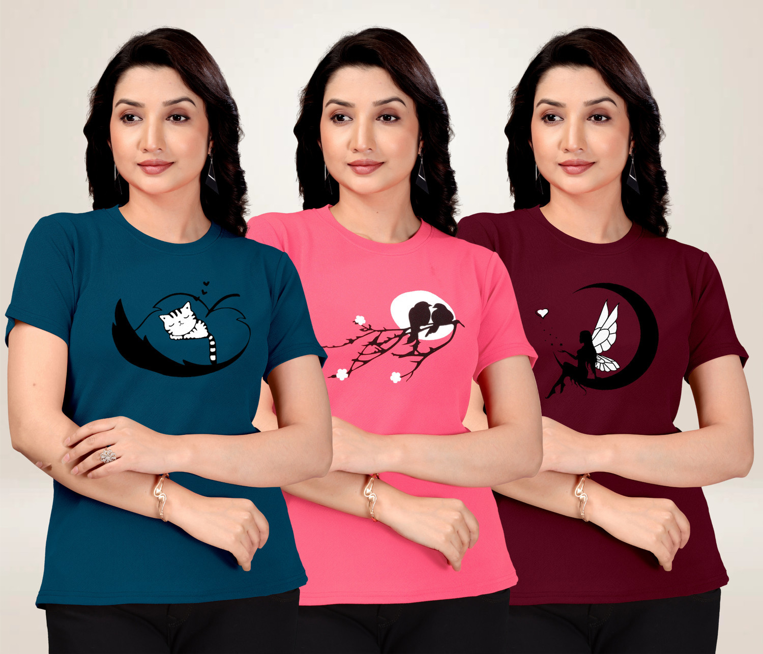 Image of Attirea Women Graphic Print Round Neck Polyester Pink T-Shirt