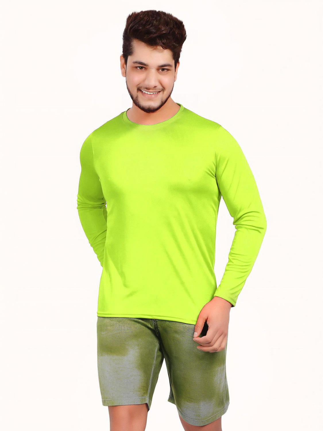 Image of KASPY Men Solid Round Neck Polyester Green T-Shirt