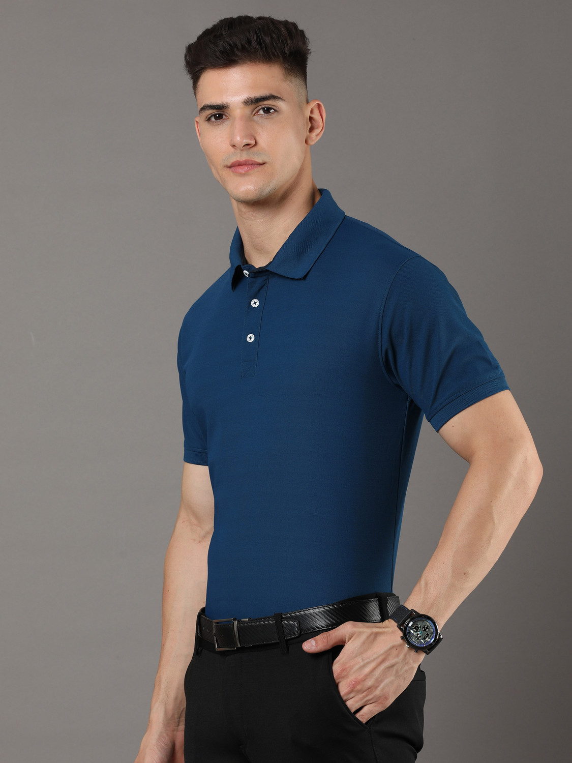 Image of Alkaline Men Solid Polo Neck Polyester Blue T-Shirt