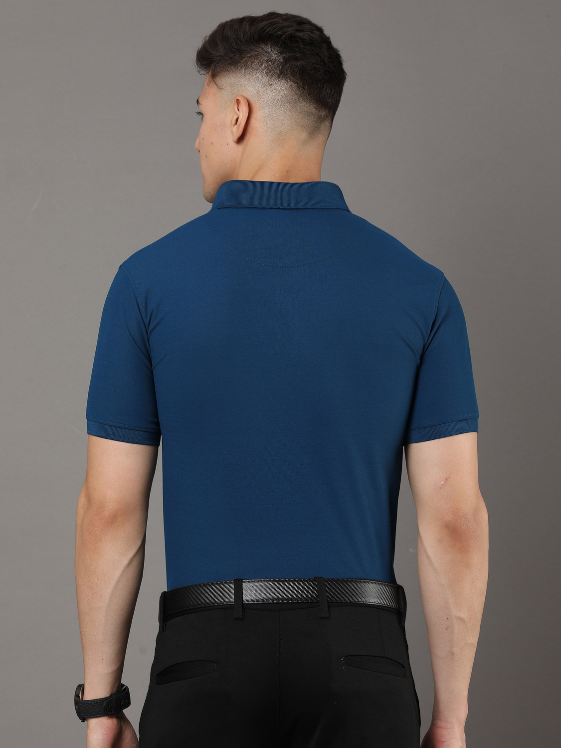 Image of Alkaline Men Solid Polo Neck Polyester Blue T-Shirt
