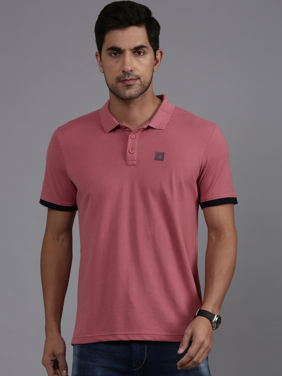 wrogn solid men polo neck pink t shirt