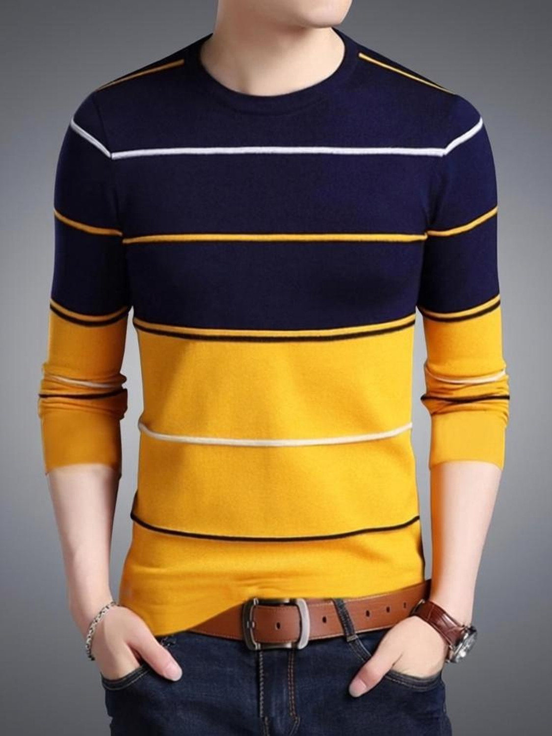 Eyebogler Striped Men Round Neck Yellow T-Shirt