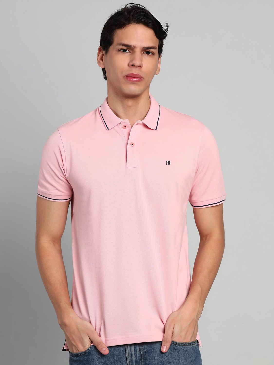 Image of Raymond Men Solid Polo Neck Polycotton Blue T-Shirt