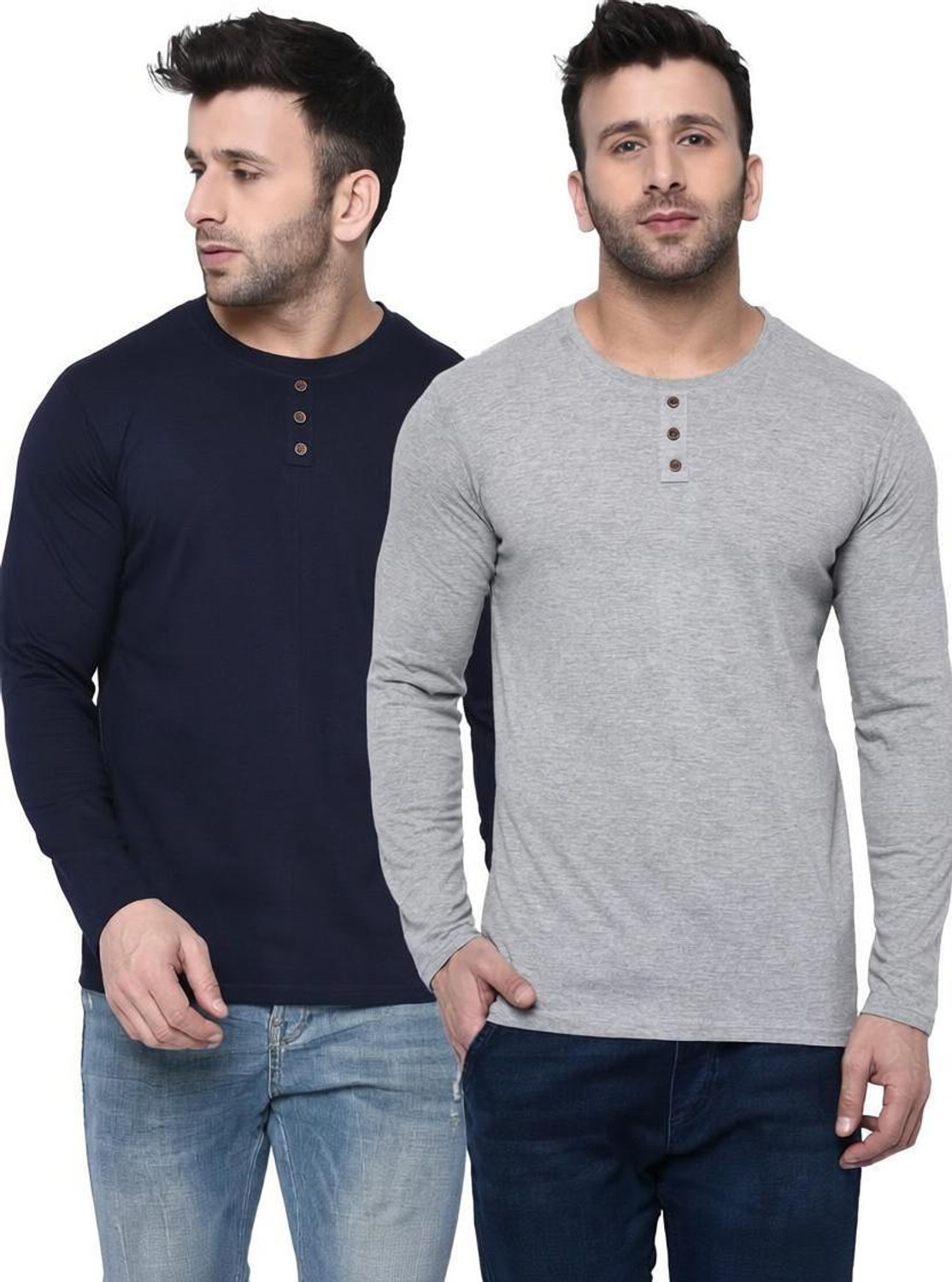 Self Design Men Round Neck Grey, Dark Blue T-Shirt  (Pack of 2)