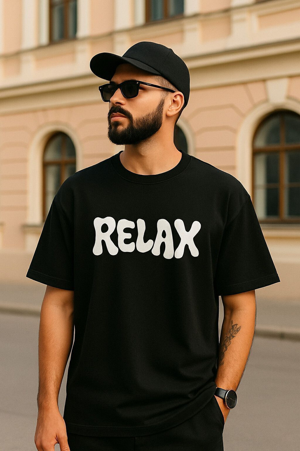 Image of BRIGHTKTAFT Men Printed Round Neck Cotton Blend Black T-Shirt