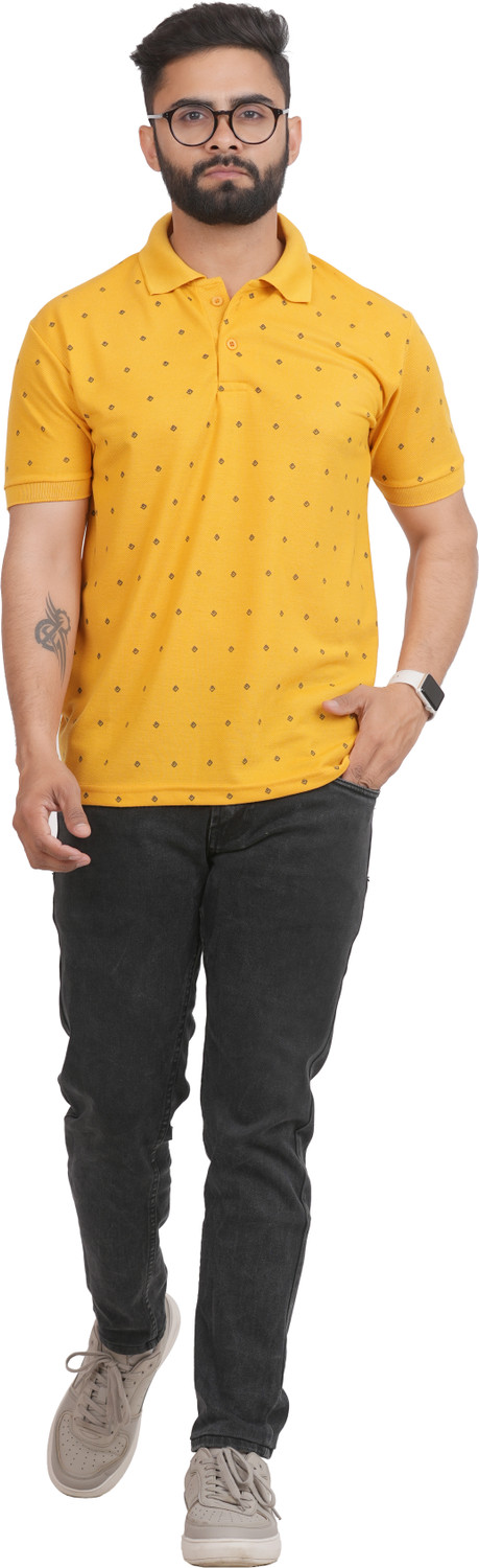 Image of GREENPORT Graphic Print, Printed Men Polo Neck Yellow T-Shirt