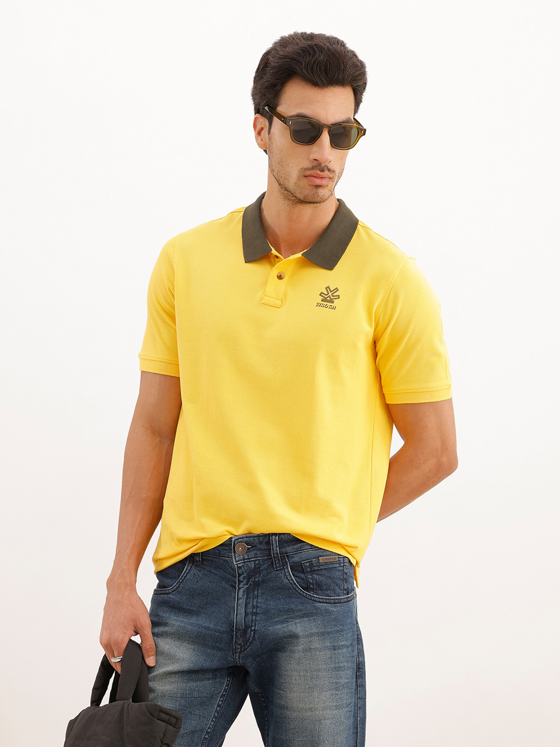 Image of CANTABIL Men Solid Polo Neck Polycotton Yellow T-Shirt