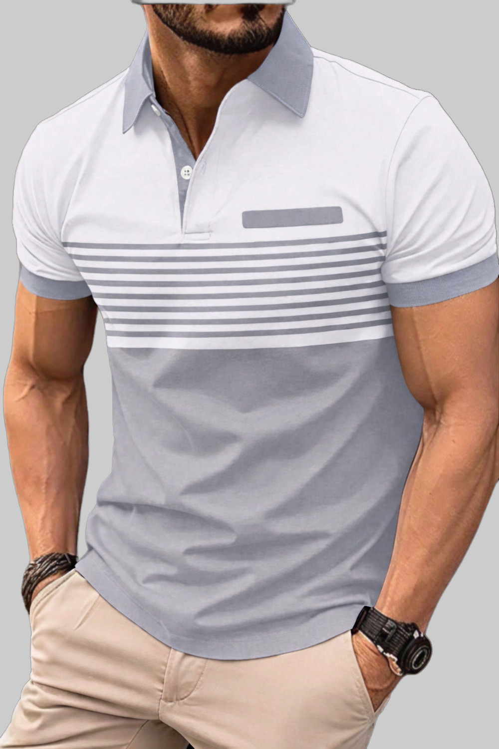 Image of TAZO Men Printed Polo Neck Cotton Blend Blue, White T-Shirt