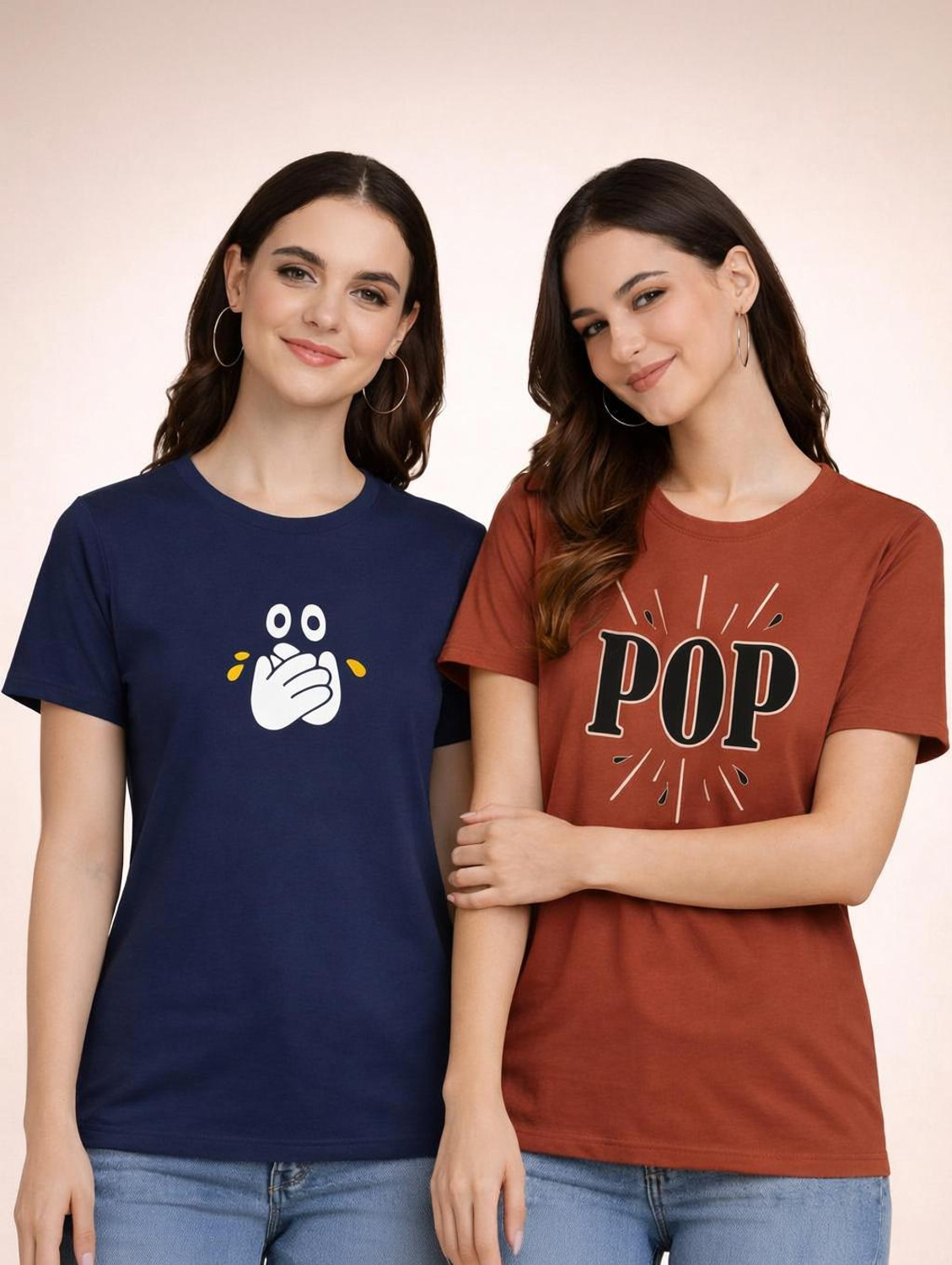 Image of ZentWorld Pack of 3 Women Printed Round Neck Cotton Blend Multicolor T-Shirt