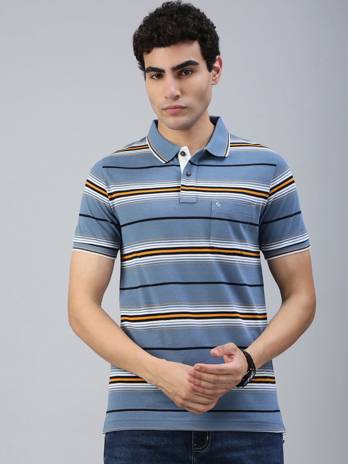 Image of Classic Polo Men Solid Polo Neck Cotton Blend Yellow T-Shirt