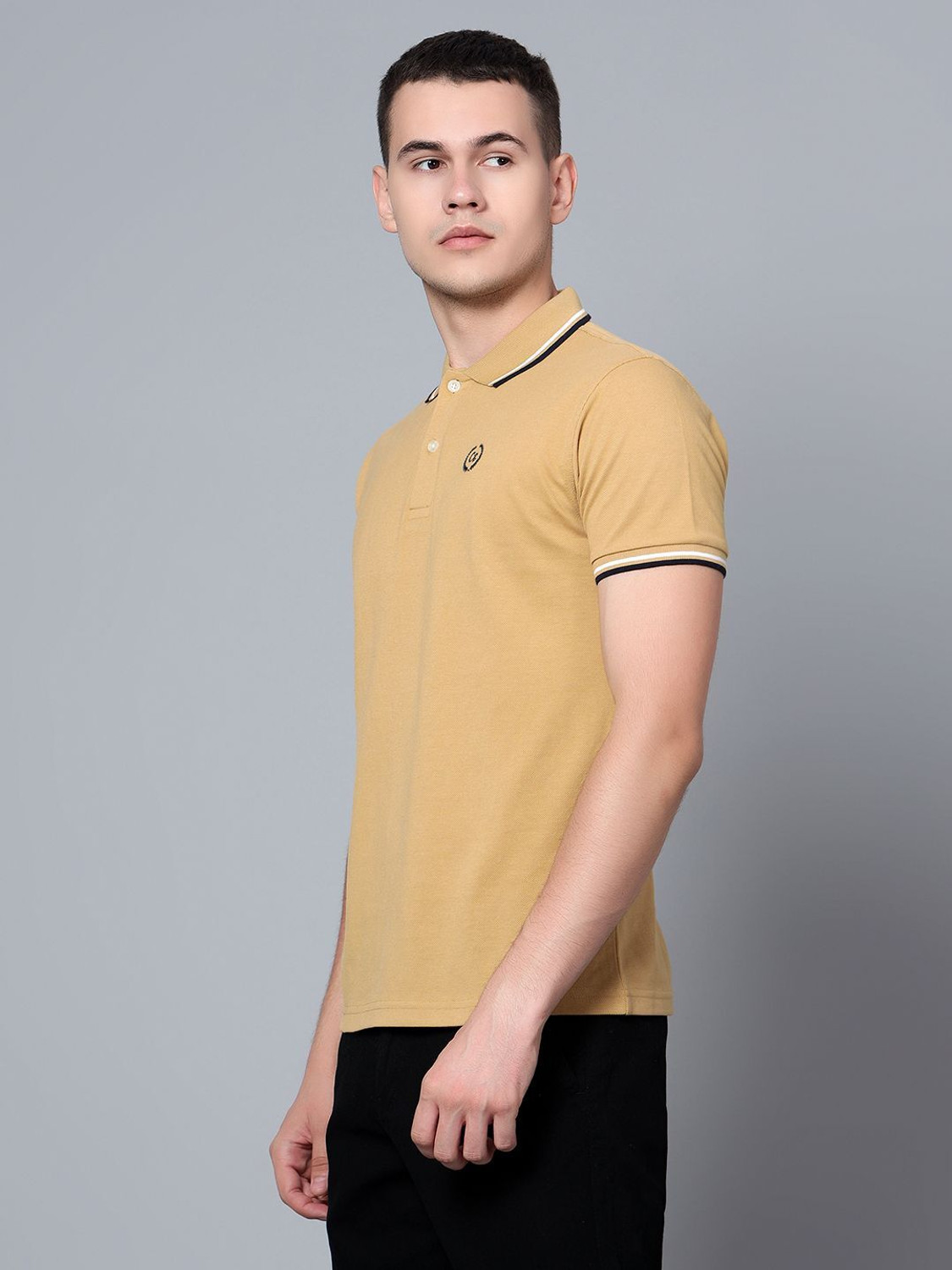 Image of CANTABIL Men Solid Polo Neck Polycotton Yellow T-Shirt