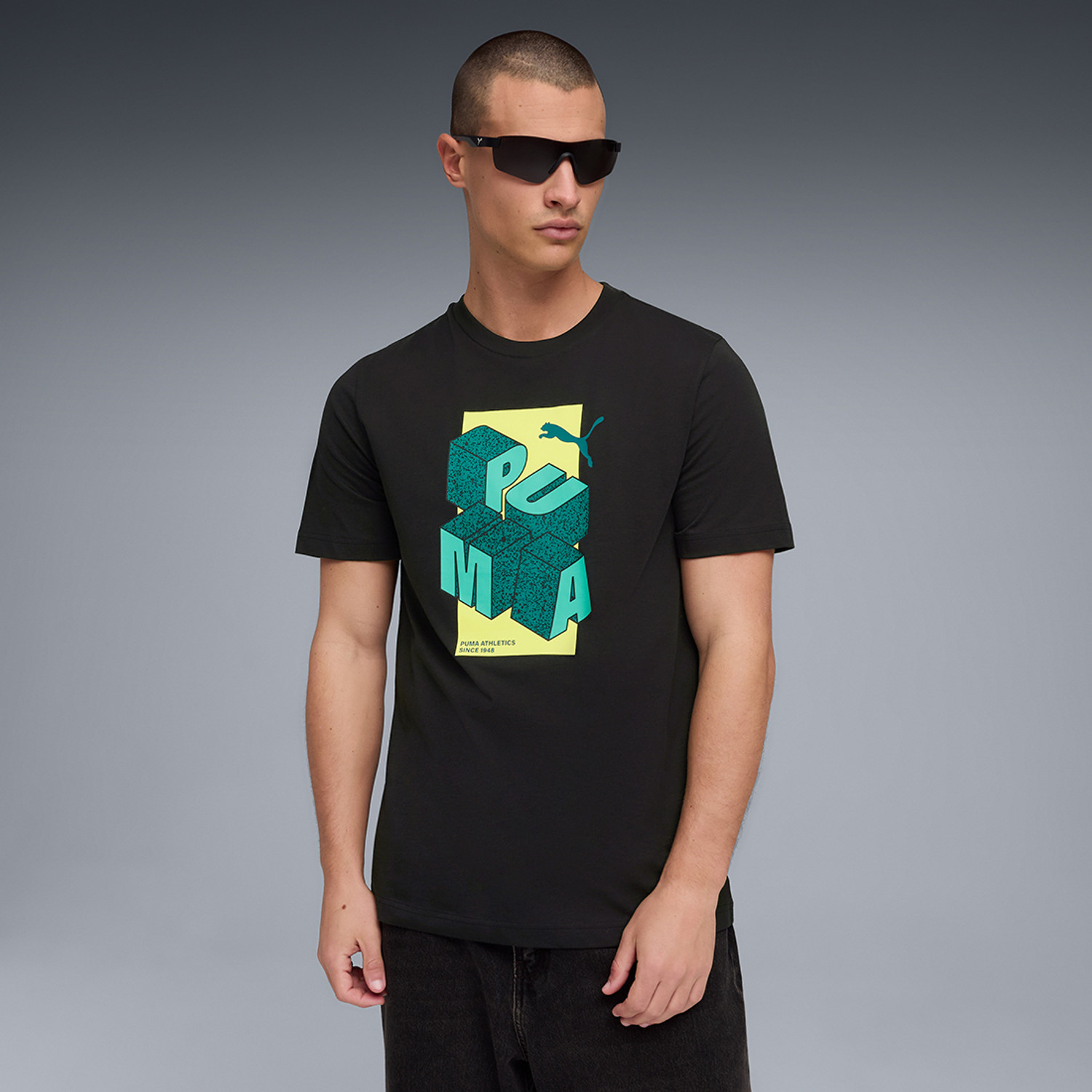 Image of PUMA Men Printed Crew Neck Pure Cotton Black T-Shirt