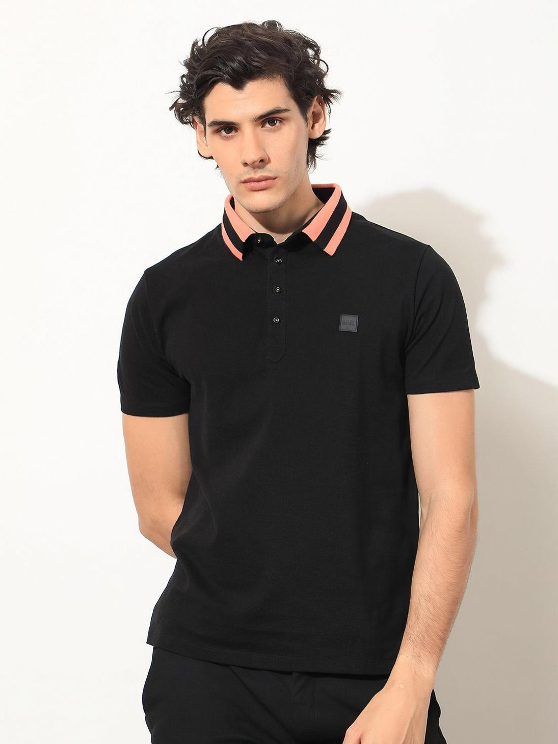 RARE RABBIT Solid Men Polo Neck Black T-Shirt