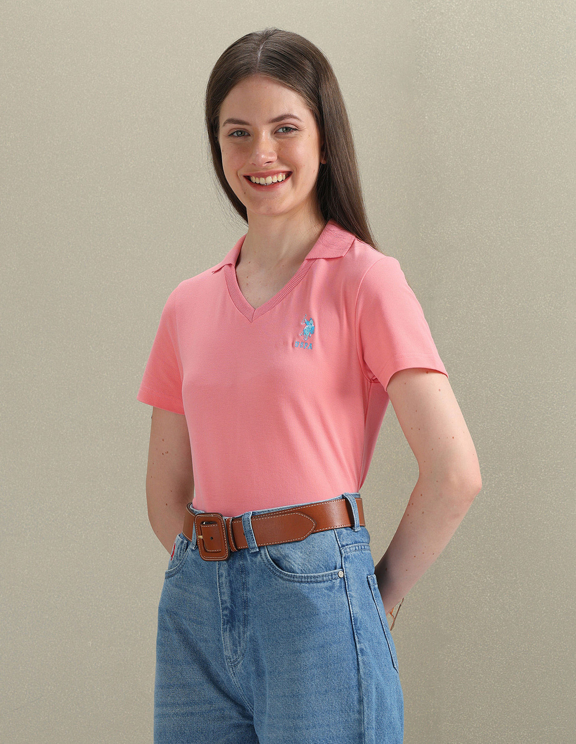 Image of U.S. POLO ASSN. Women Solid Polo Neck Cotton Blend Pink T-Shirt