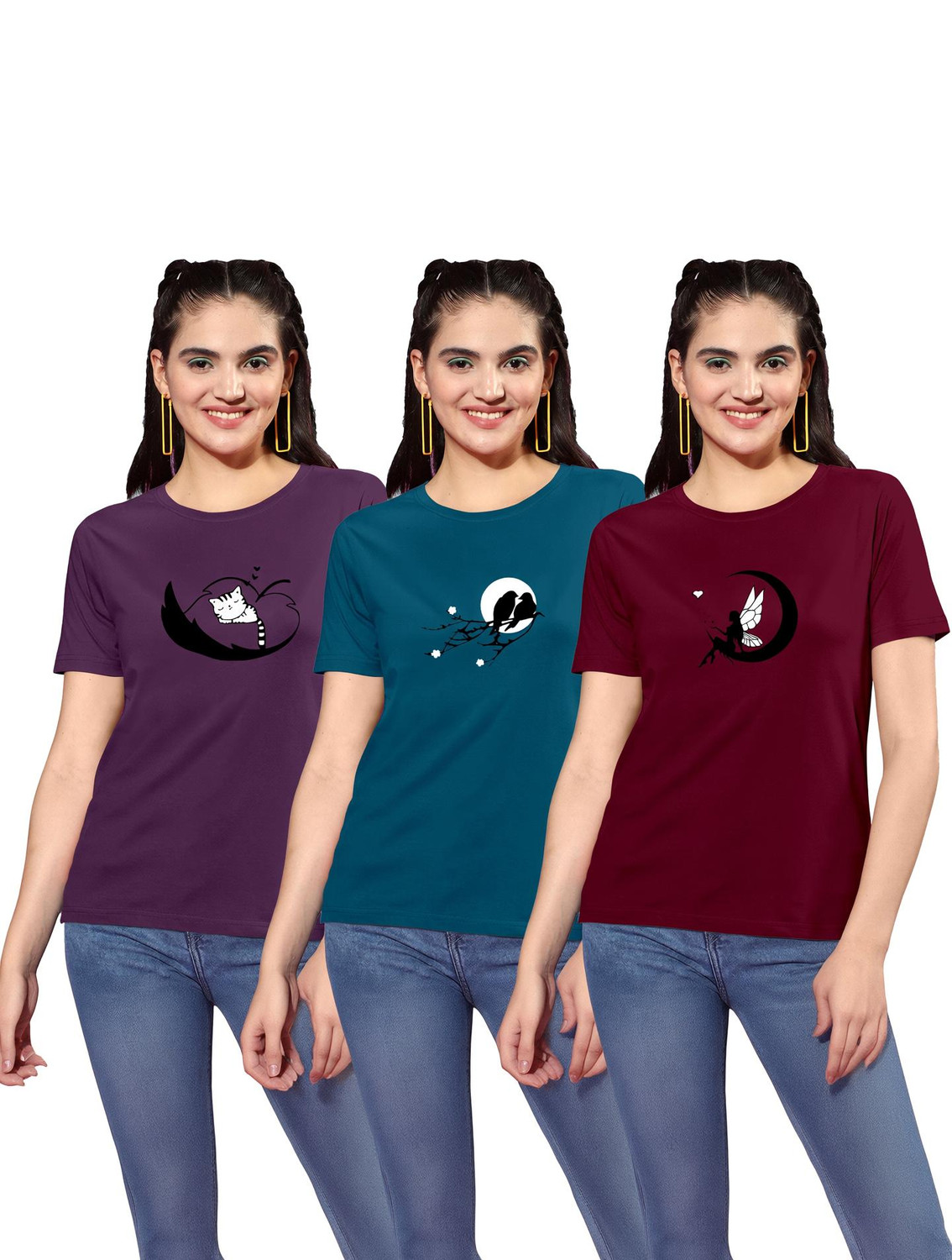 Image of Attirea Women Graphic Print Round Neck Polyester Pink T-Shirt