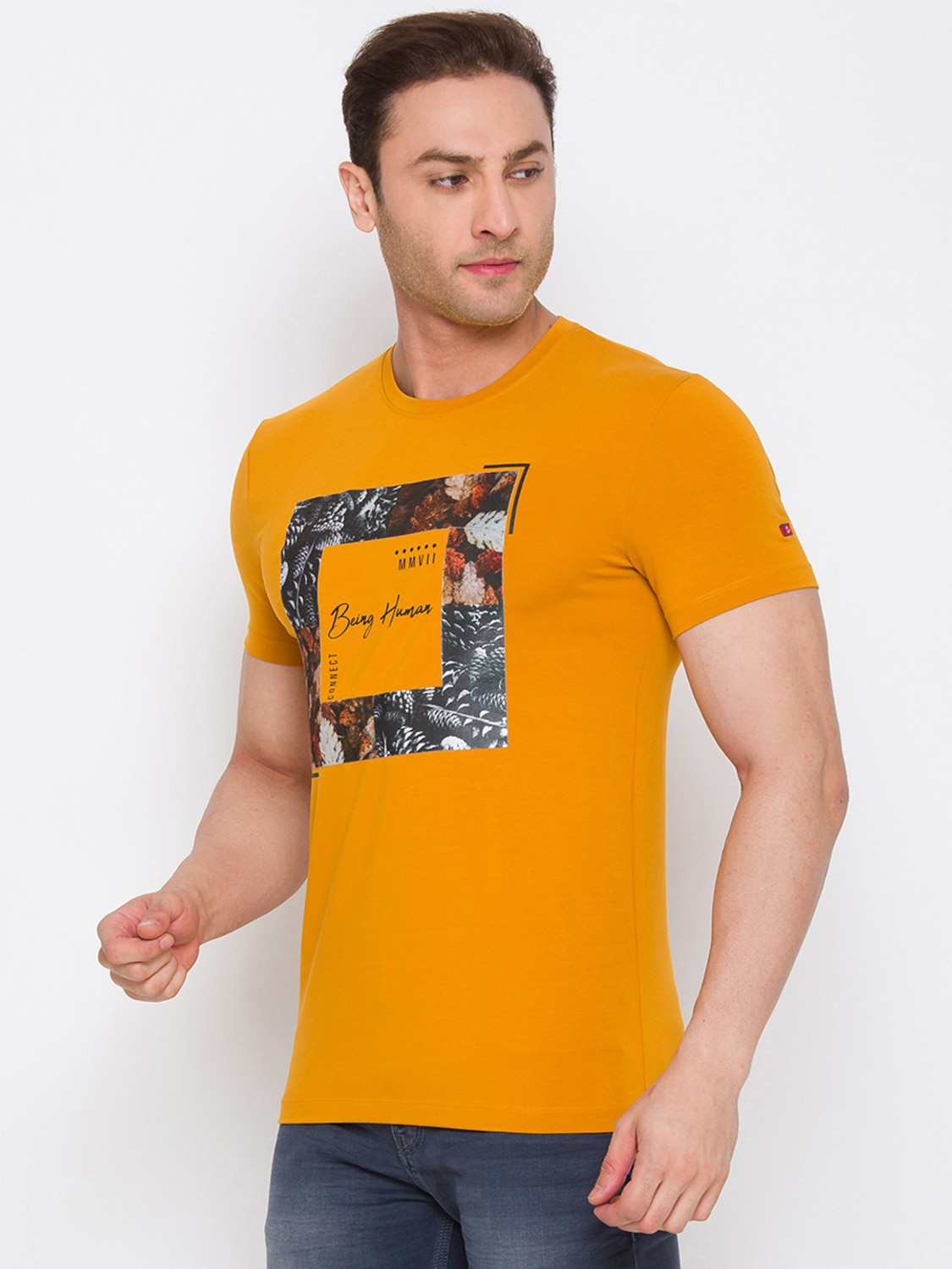 Image of BEING HUMAN Self Design Men Round Neck Brown T-Shirt