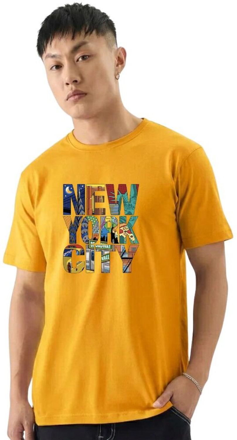 Image of HouseOfCommon Men Solid Polo Neck Cotton Blend Yellow T-Shirt
