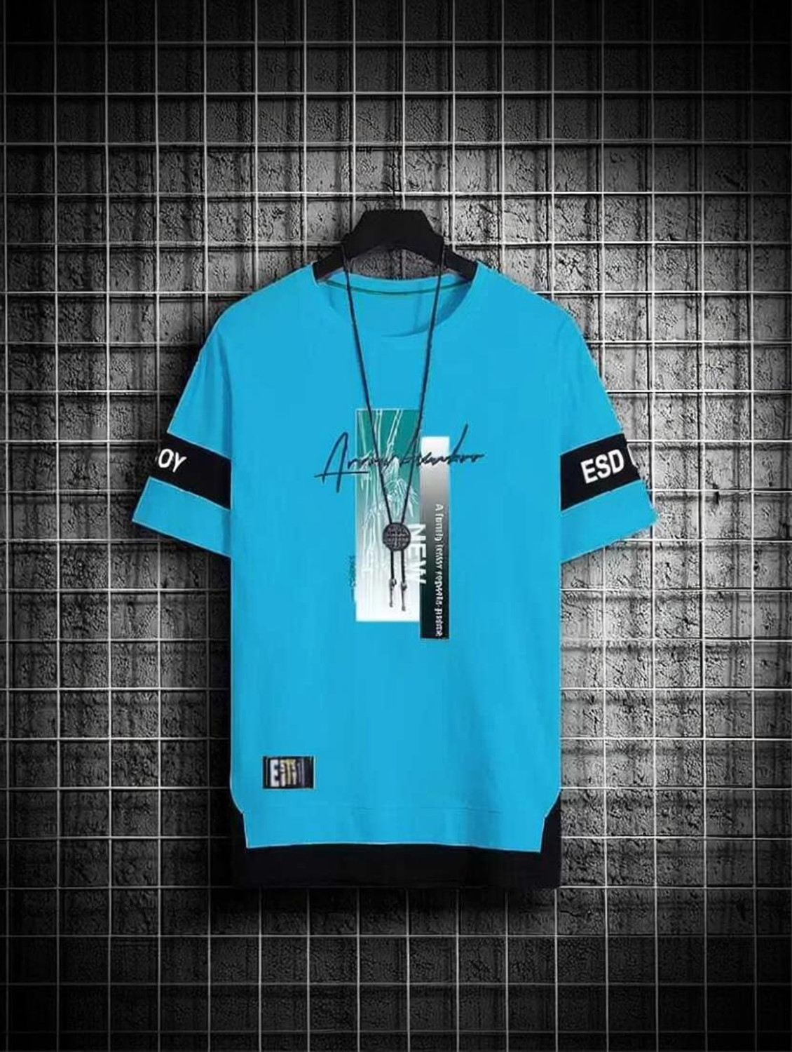 Image of Try This Men Printed Polo Neck Cotton Blend Black T-Shirt