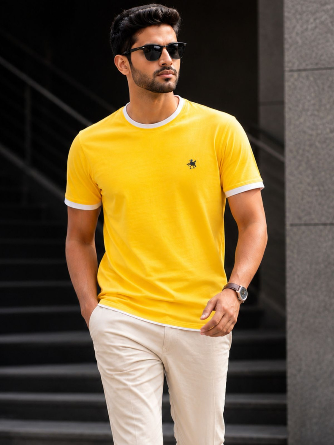 Image of TRIPR Men Solid Mandarin Collar Cotton Blend Beige T-Shirt