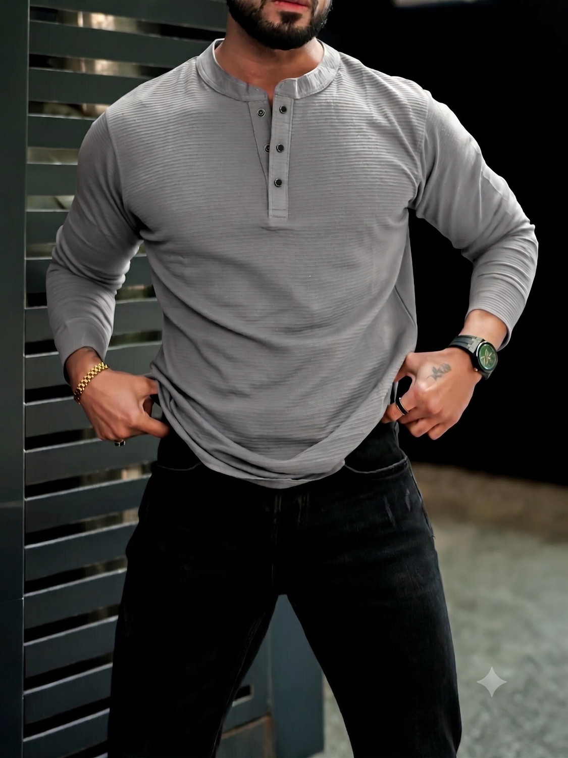 Image of BOOM BAAM Men Self Design Round Neck Polycotton Grey T-Shirt