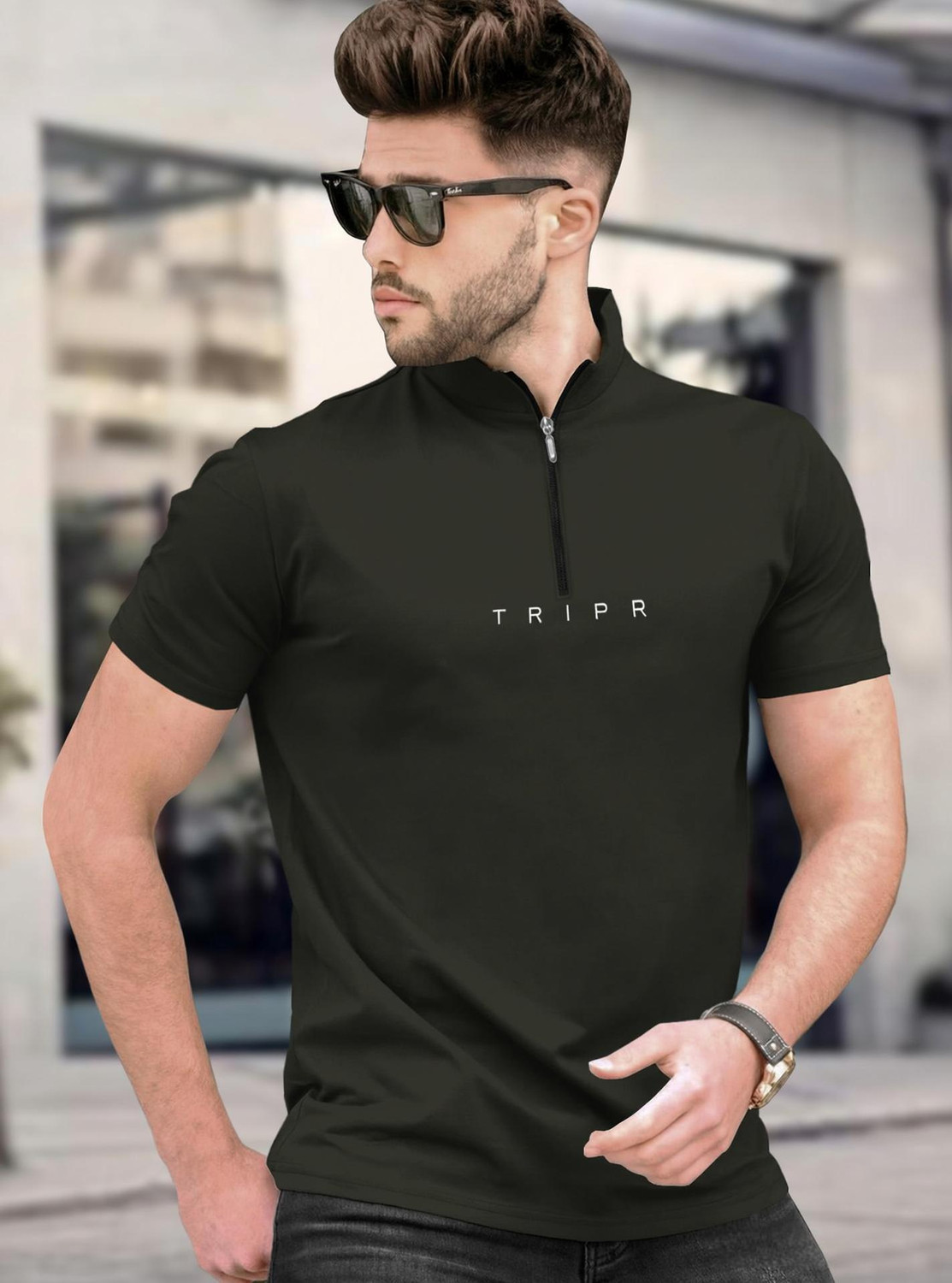 Image of TRIPR Men Solid Henley Neck Cotton Blend Dark Green T-Shirt