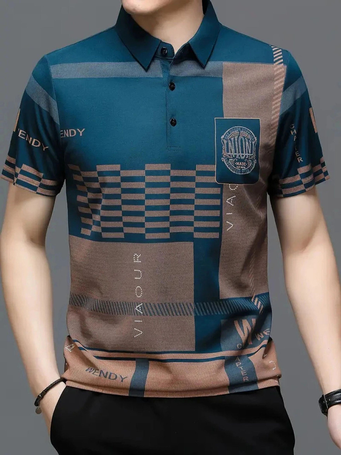 Image of TAZO Men Printed Polo Neck Cotton Blend Blue, White T-Shirt