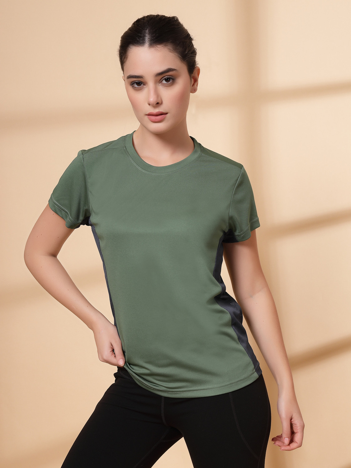 Image of CHKOKKO Women Solid Round Neck Polyester Grey T-Shirt