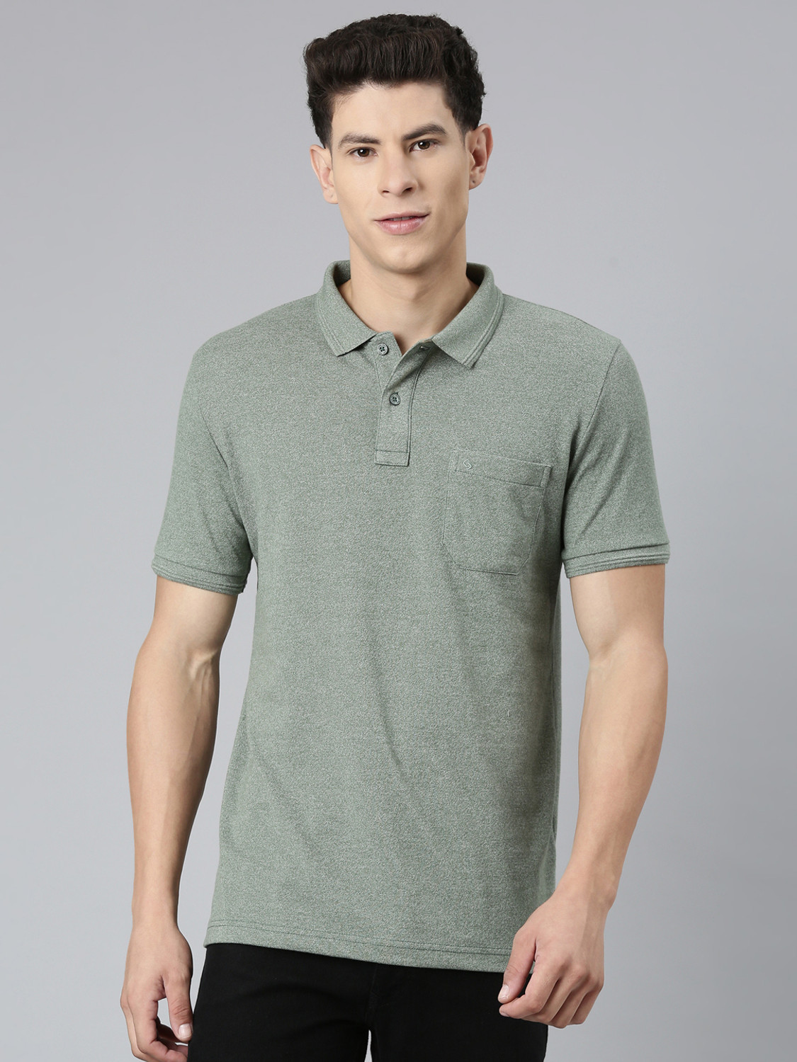 Image of Classic Polo Men Solid Polo Neck Cotton Blend Grey T-Shirt