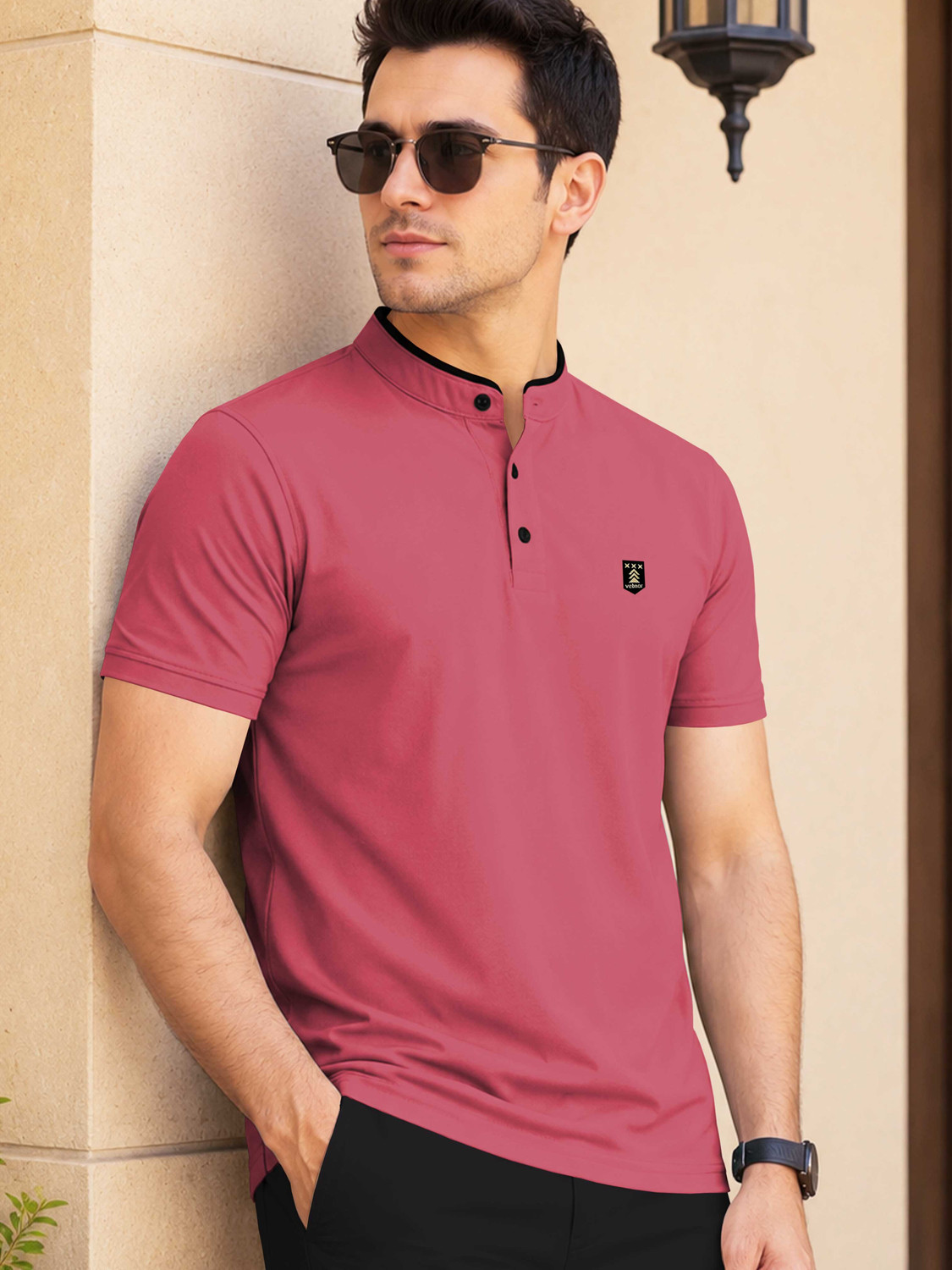 Image of TRIPR Men Solid Mandarin Collar Cotton Blend White T-Shirt