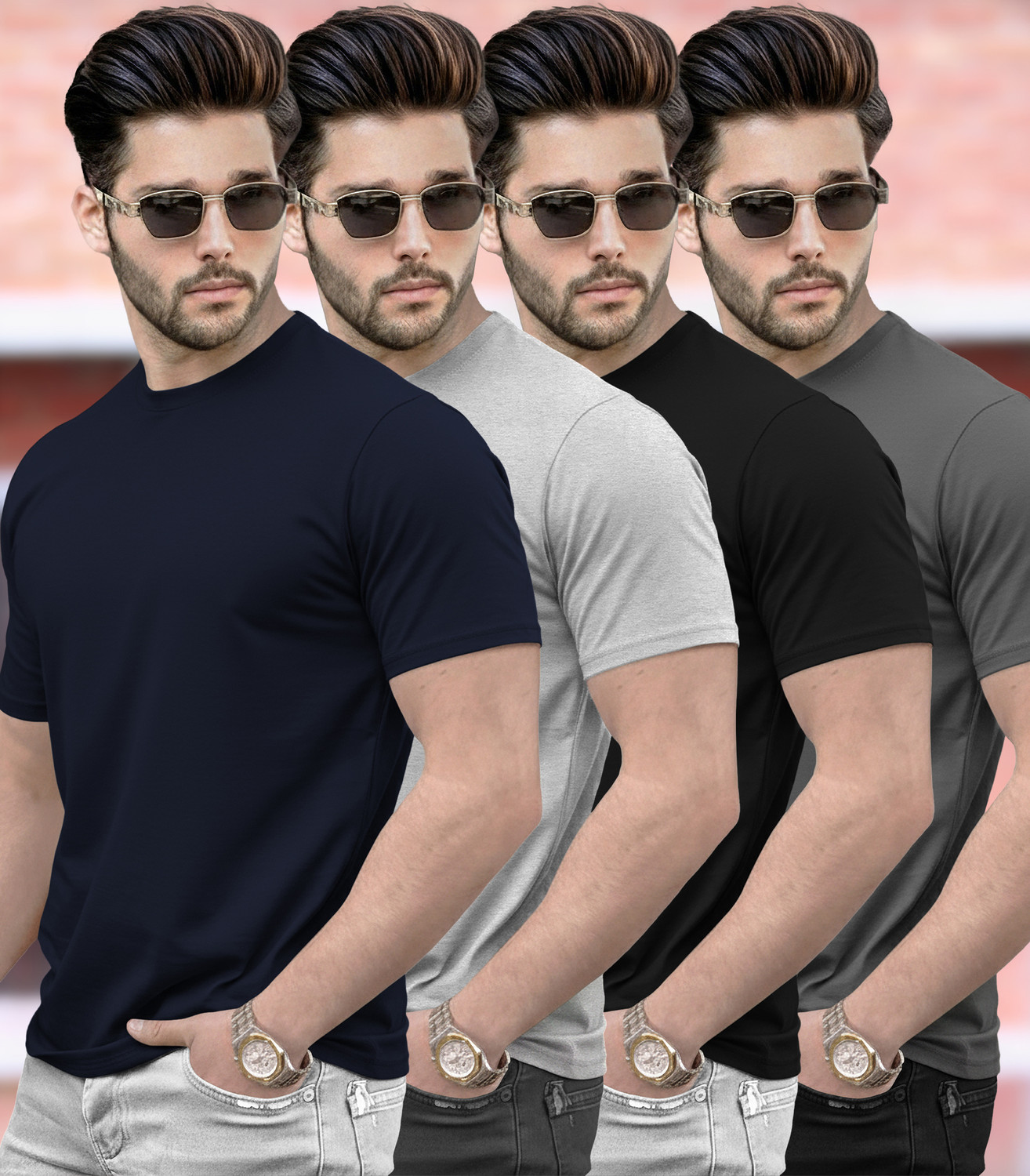 Image of TRIPR Men Solid Mandarin Collar Cotton Blend Pink, Black T-Shirt