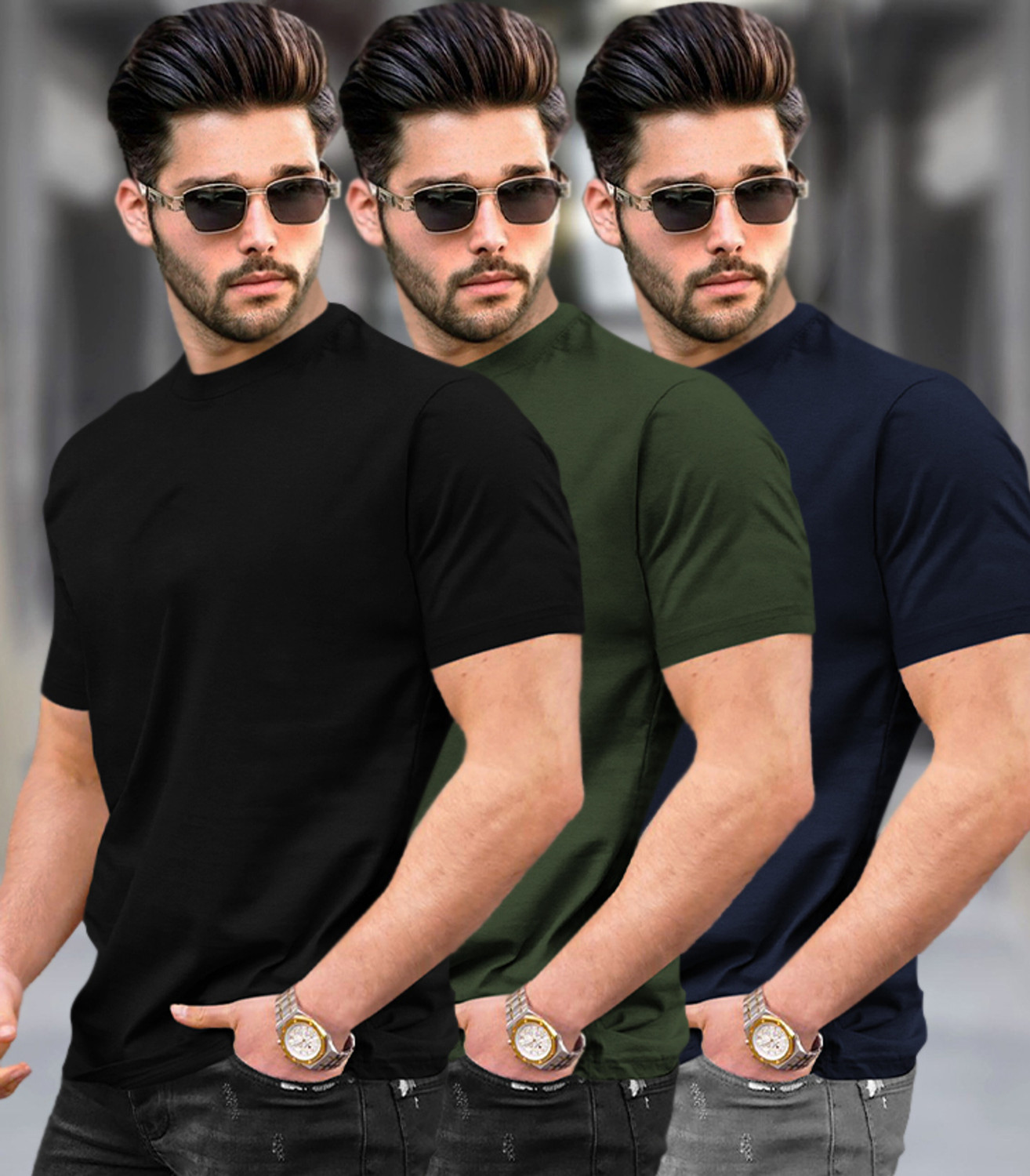 Image of TRIPR Men Solid Mandarin Collar Cotton Blend Pink, Black T-Shirt