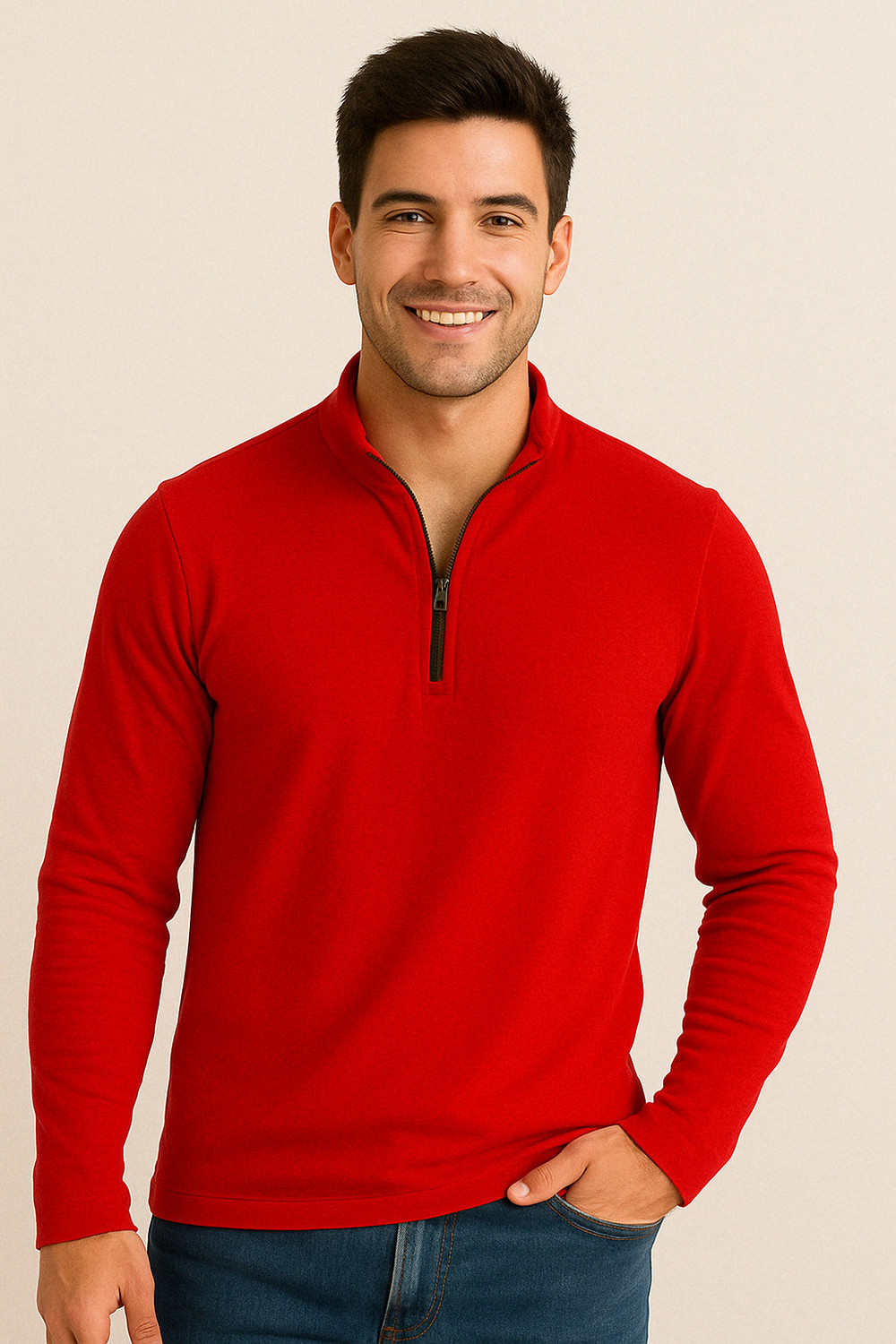 Image of GRIFFON VINCERO Men Solid Mandarin Collar Pure Cotton Red T-Shirt